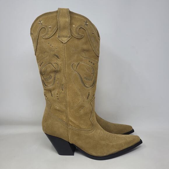 Zara Boots Women EU42 US11 Tan Suede Western Embroidered Cowgirl Rodeo Tall NEW - Picture 3 of 16